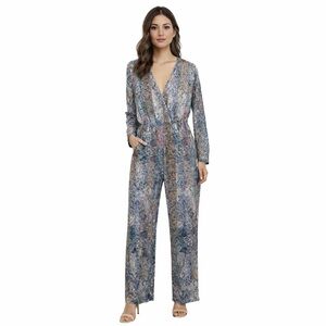 BCBGeneration Abstract Snakeskin Print Wide-Leg Jumpsuit — Long Sleeve V-Neck